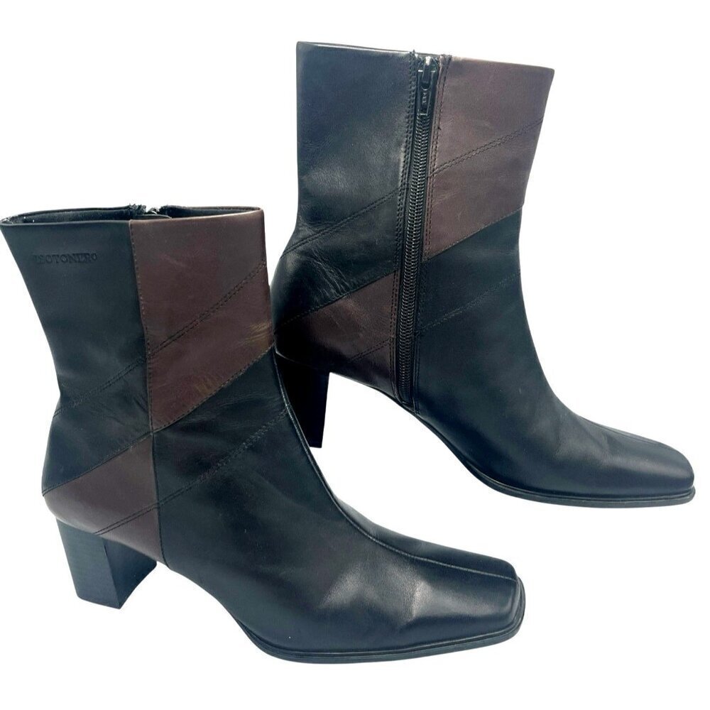 Isotoner Womens Patchwork Leather Ankle Boots Size 8 Platform Block Heel Y2K 90s